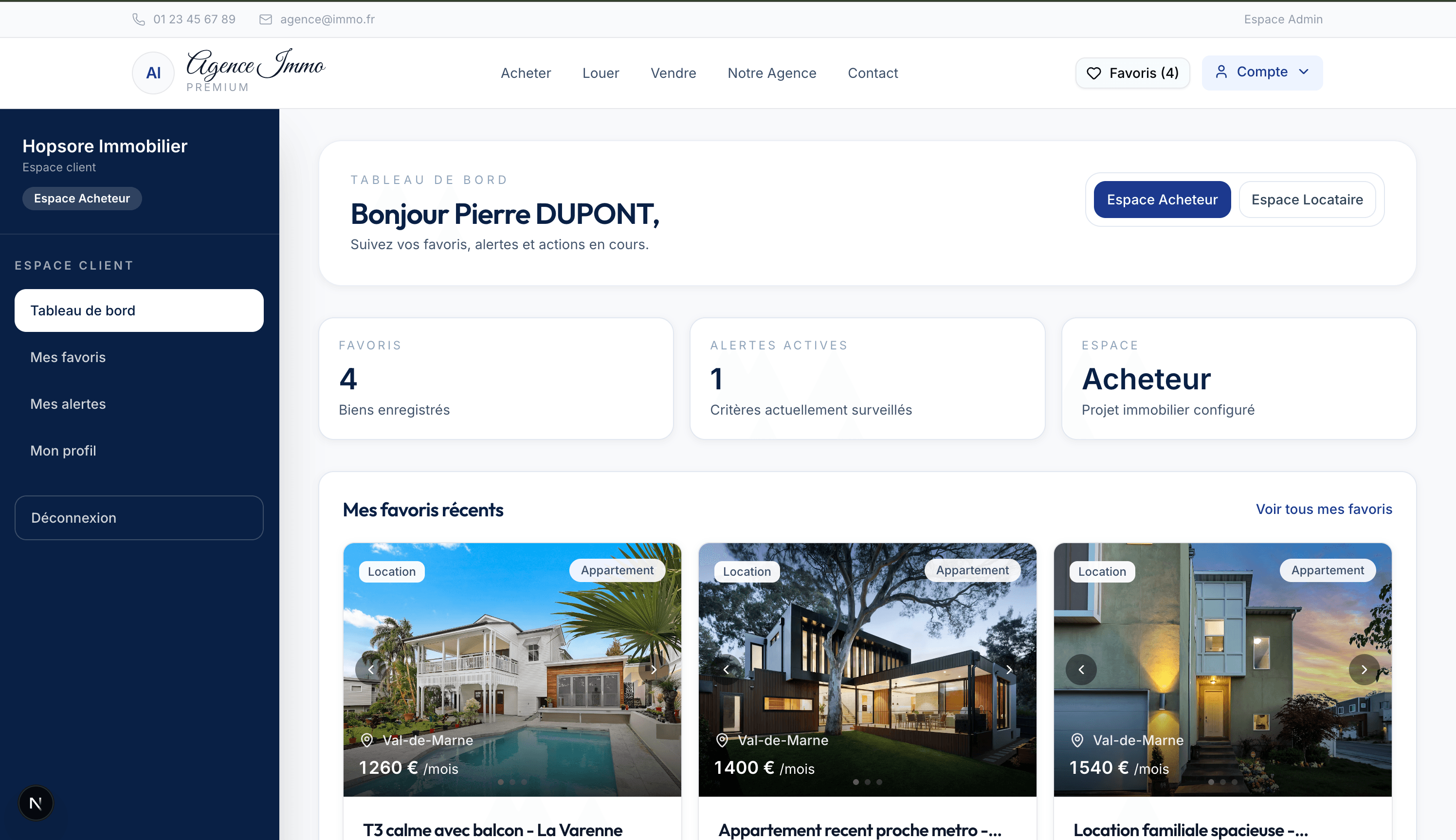 Vue globale de l'espace client